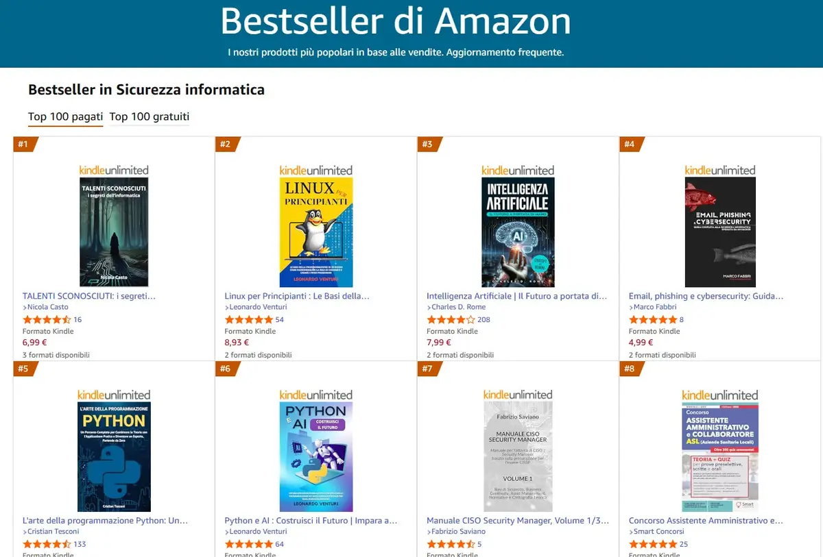 Amazon Best Seller chart with Talenti Sconosciuti at #1 in Computer Security