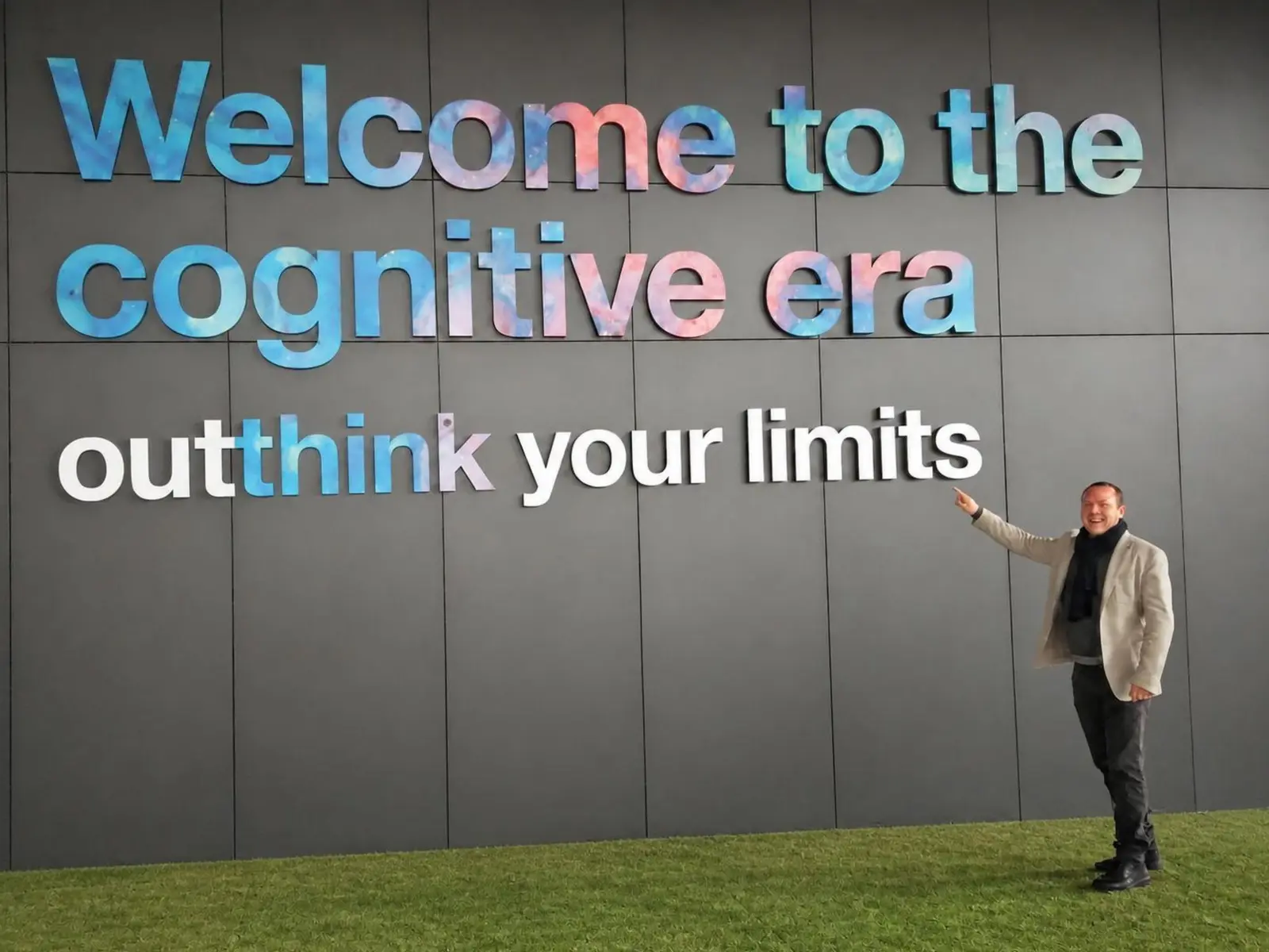 Nicola Casto at CEBIT in Germany in front of the sign Welcome to the cognitive era