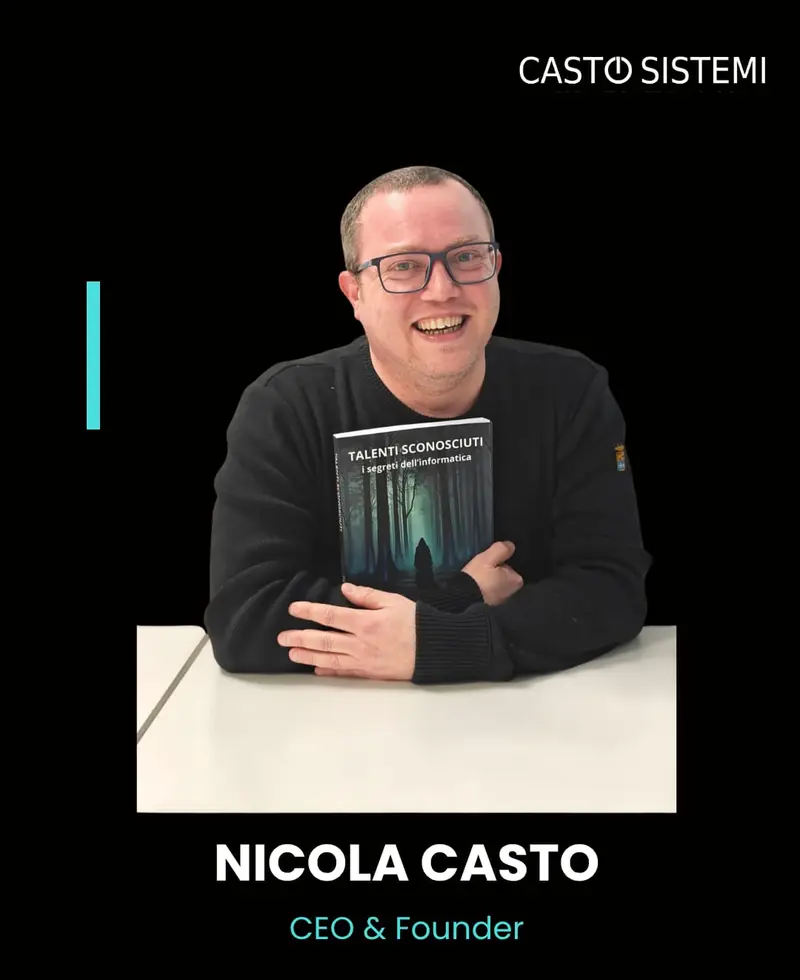 Nicola Casto, CEO and Founder, holding the book Talenti Sconosciuti