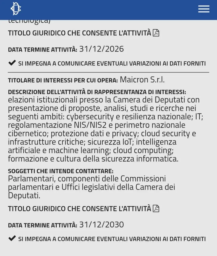 Register of stakeholders of the Italian Chamber of Deputies: Maicron S.r.l. accredited for cybersecurity, NIS2, data protection, cloud and artificial intelligence