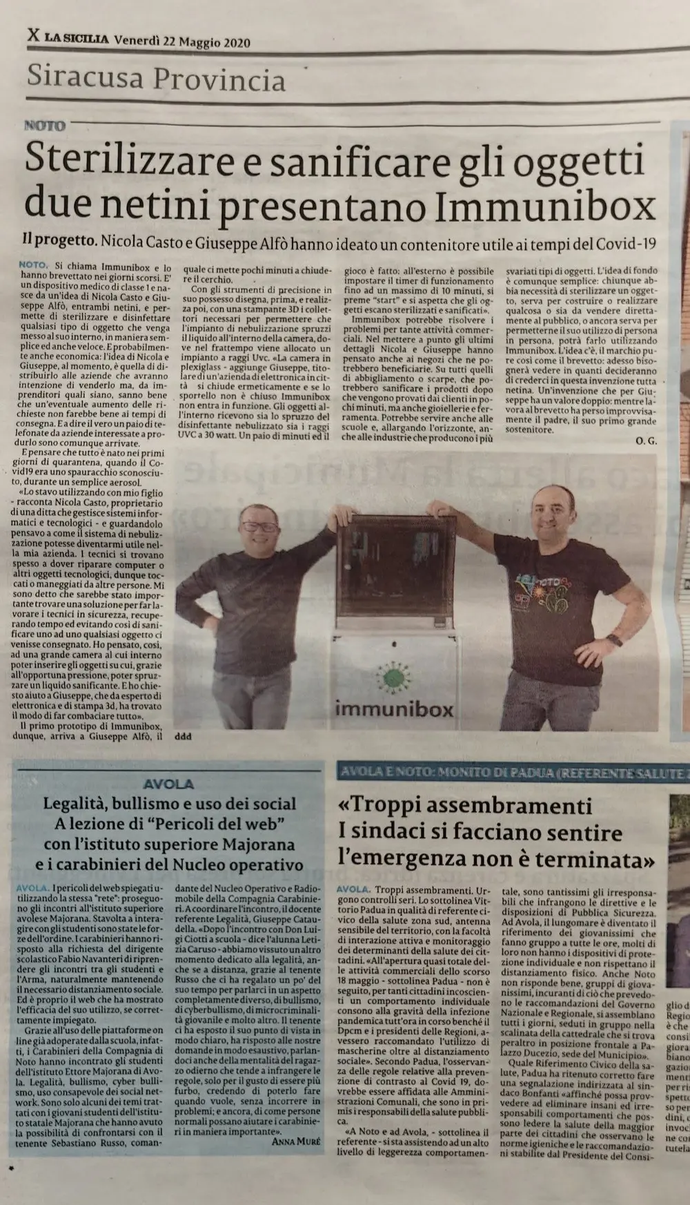 Article in the newspaper La Sicilia about Immunibox, the device for sterilising and sanitising objects