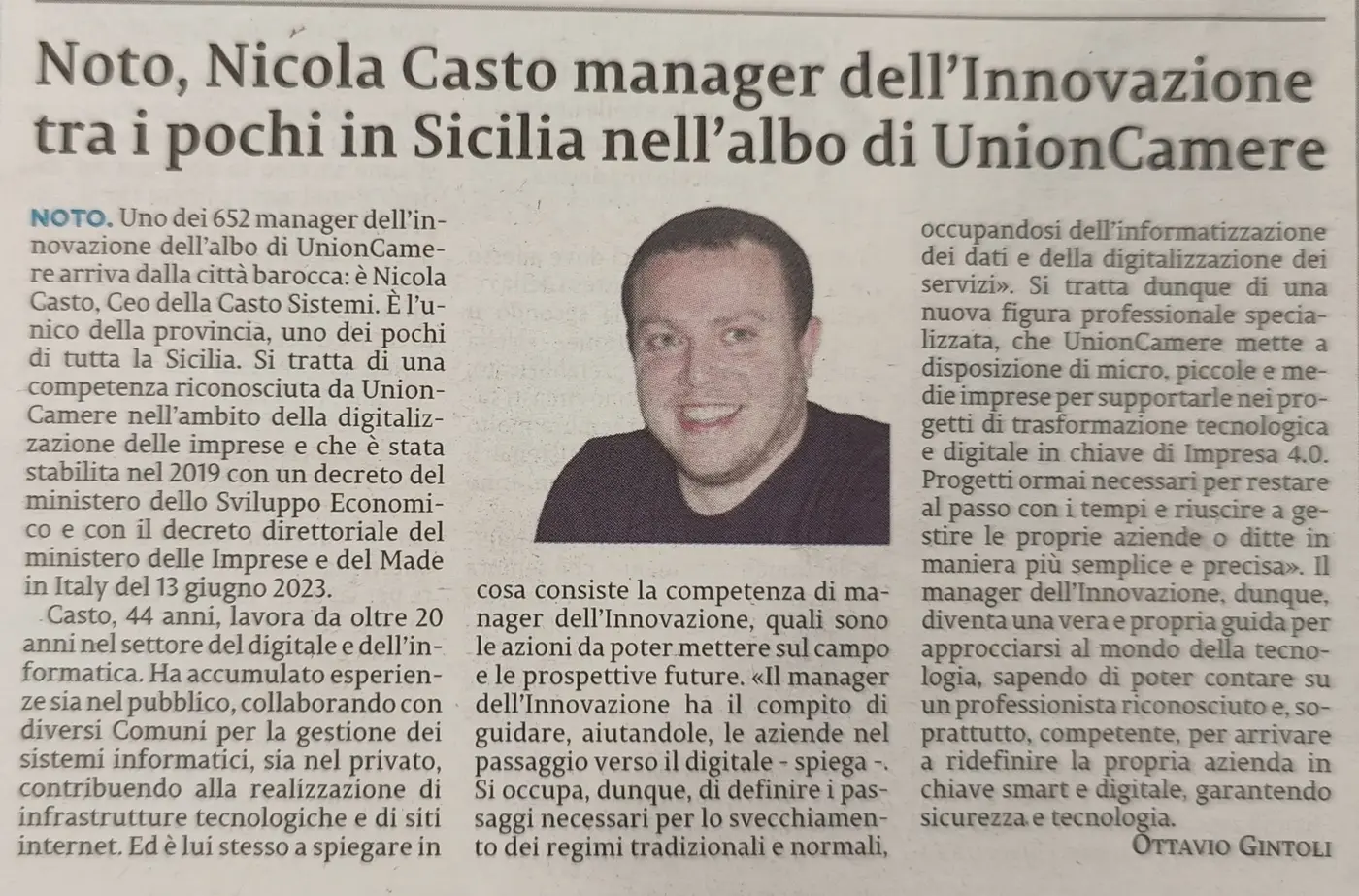 Article in the newspaper La Sicilia: Noto, Nicola Casto innovation manager, among the few in Sicily on the UnionCamere register